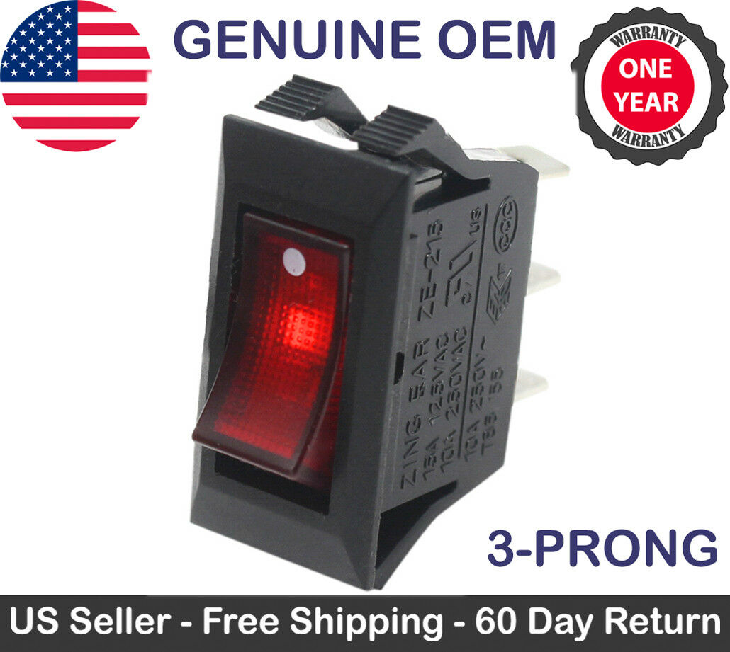 Zing Ear Ze-215 Red Lighted Rocker Switch On Off 3 Prong Snap-in 15a 120v Black