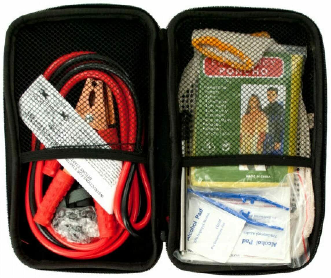 Vehicle Emergency Kit In Zippered Case First Aid Jumper Cables Gloves Car Truck