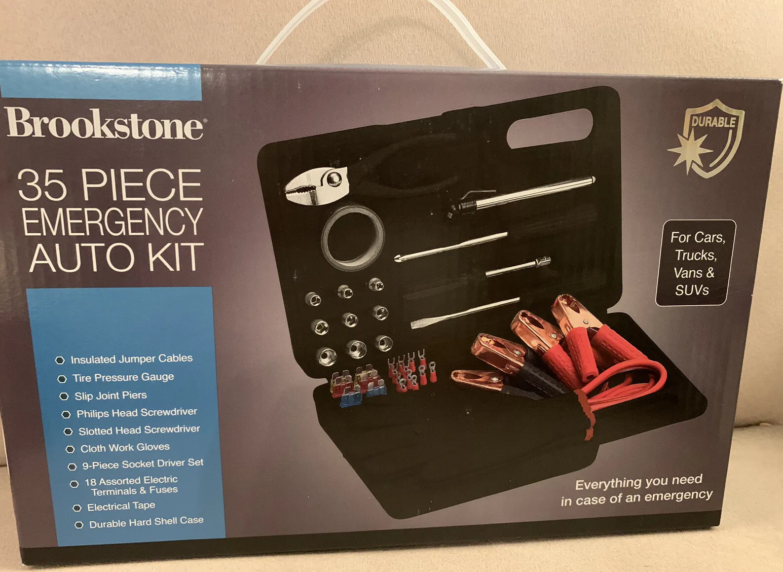 New Brookstone Car Roadside Emergency Tool Kit /jumper Cable Auto Travel Safety