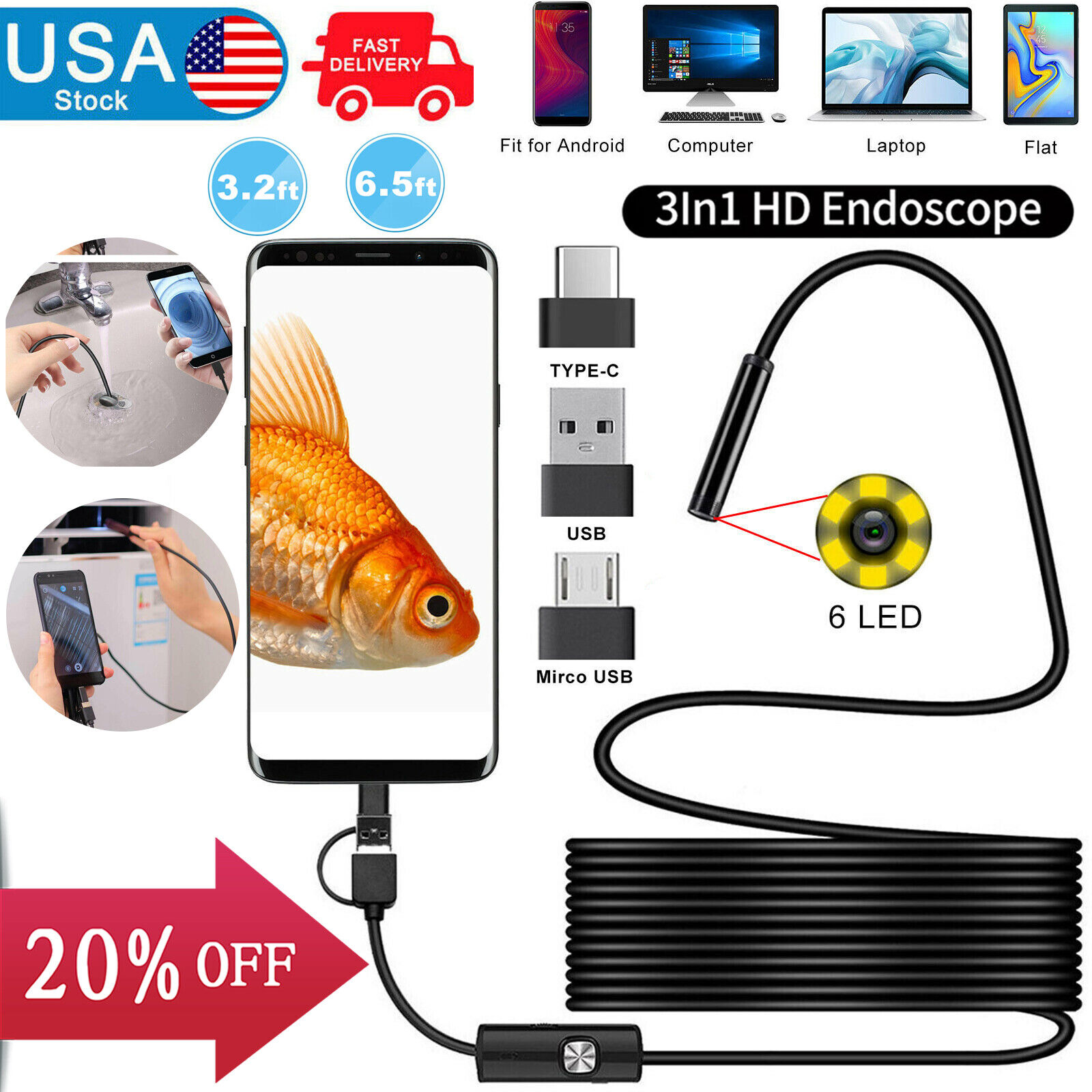 3in1 Borescope Endoscope 6 Led Inspection Scope Camera For Android Cell Phone Us