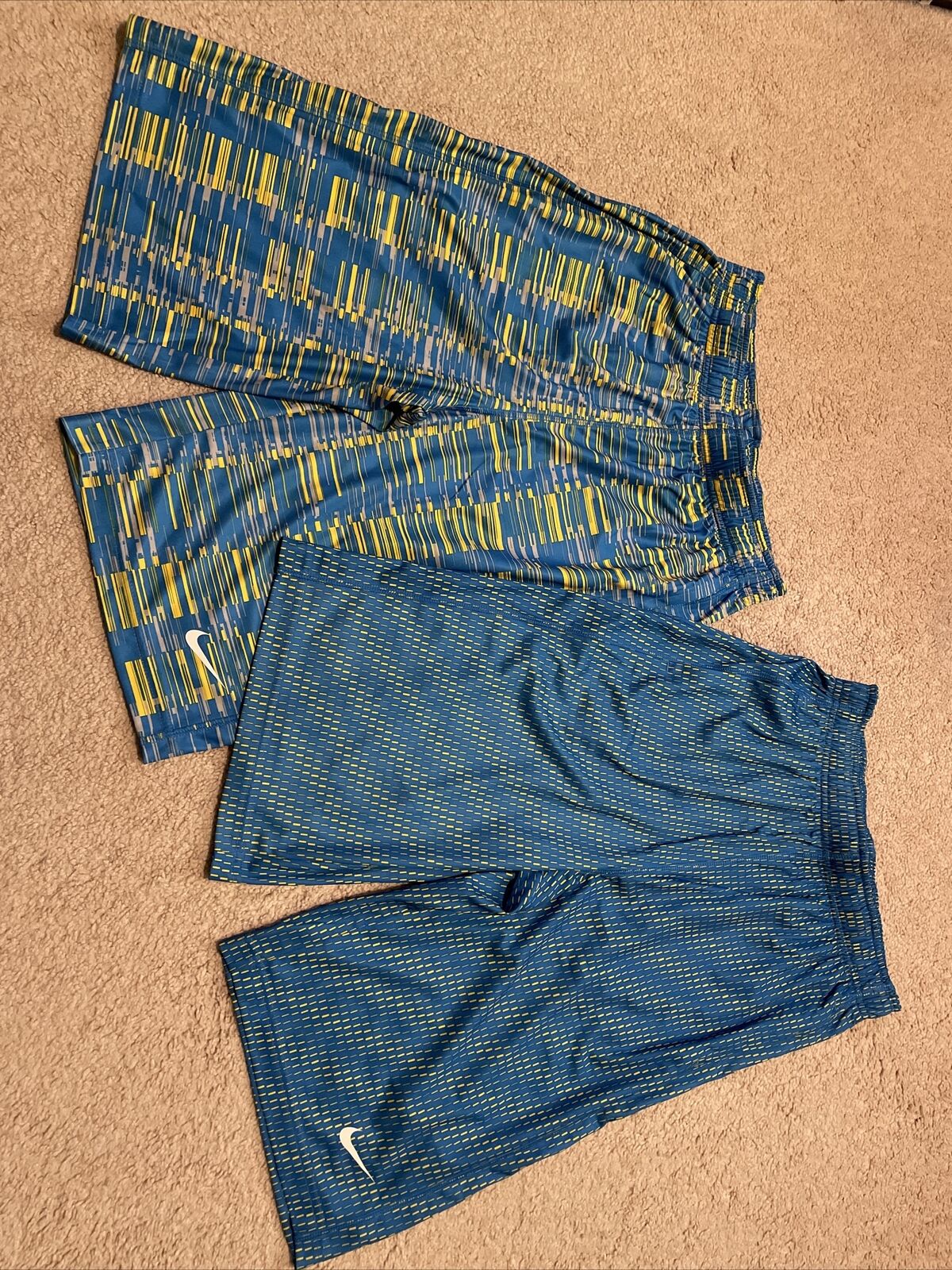 Nike Boys Dri-fit Fly Training Drawstring Shorts Blue Yellow Youth X Large Lot 2