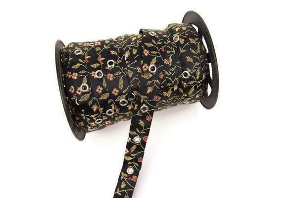 Black Floral Satin Brocade Grommet Tape Trim With Nickel Eyelet 10 Yards